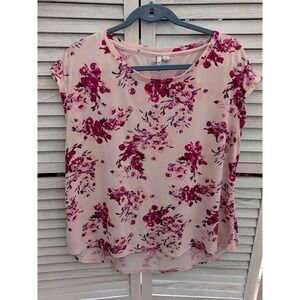 ELLE Womens Floral Cap Sleeve Blouse Pink Purple High Low Hem Top XL